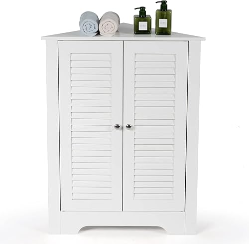COSTWAY Armario esquinero de madera Armario de almacenamiento esquinero con 2 puertas y estante ajustable, armario organizador de almacenamiento