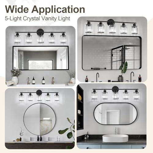 Image of Modern Black Crystal Bathroom Light Fixtures,5-Light | Bathroom Lighting Fixtures over Mirror,Vanity Lights for Mirror, Restroom(Ceramic E26 Socket,Bulbs Not Include)