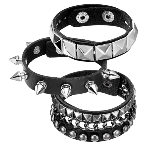 Bremorou Lot de 3 bracelets à pointes en cuir clouté style punk rock gothique pour homme et femme Noir