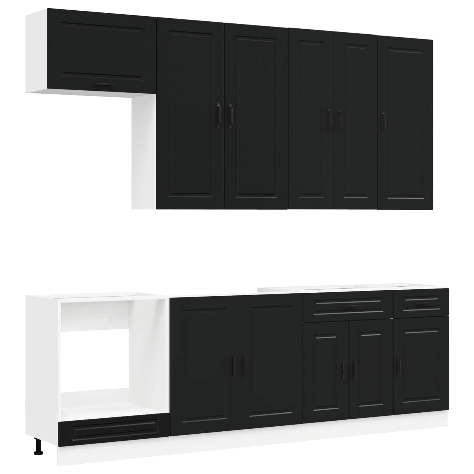 Mobile da cucina Porto, 8 pezzi, nero, moderna cucina da incasso in legno con pensili e pensili per molto spazio in cucina e sala da pranzo