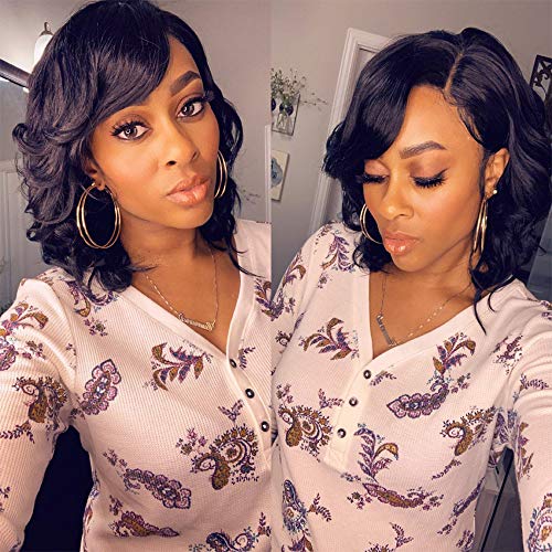 Vigorous L Part Brazilian Human Hair Wigs for Black Women Side Part Lace Front Wigs Short Bob Wig Short Wave Natural Black Color Pre-Plucked Bleached Knots Remy Human Hair Wigs
