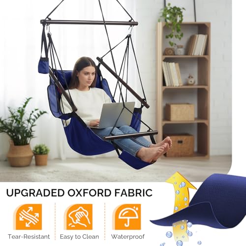 Image of ONCLOUD Sky Chair, Deluxe Hanging Hammock Air Chair Swing Seat with Pillow, Drink Holder, Solid Wood Weather Resistant for Indoor /Outdoor Yard Garden Tree Patio Porch, 250 LBS (Navy Blue)