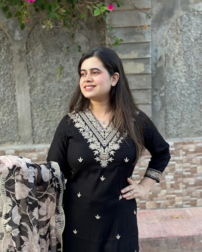 Image of GoSriKi Women's Rayon Blend Straight Embroidered Kurta with Pant & Dupatta