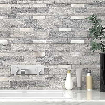 VAOVI Backsplash Tile Peel and Stick Kitchen Stone Subway Linear Mosaic Bathroom Shower Wall Waterproof(10pcs,Gray)