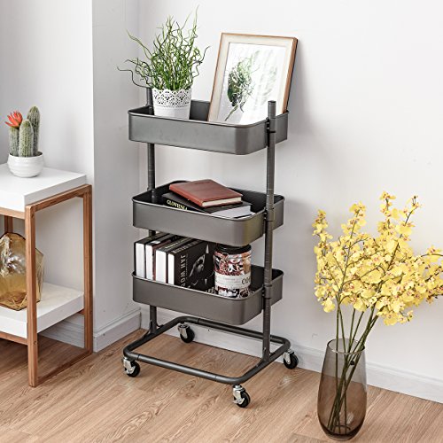 Giantex Rolling Utility Cart Mobile Storage Organizer Multifunctional Home Office Storage Trolley Serving Cart W/Metal Mesh Shelves Lockable Wheels (Gray, 3-Tier) #TOP1