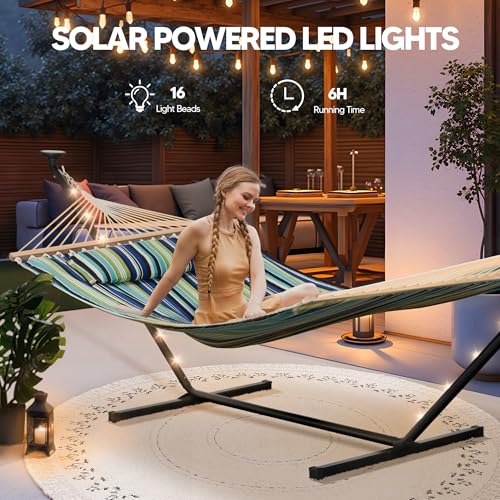 Image of SUNCREAT Hammocks Stand Alone Hammock with Solar Powered Lights, Portable Standing Hammock, Green