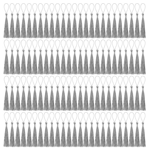Image of 100 Pcs Bookmark Tassels Bulk Silver Gray Soft Craft Silky Handmade Mini Tassels for Jewelry Making with Loops for DIY Craft Accessory Dress Decoration