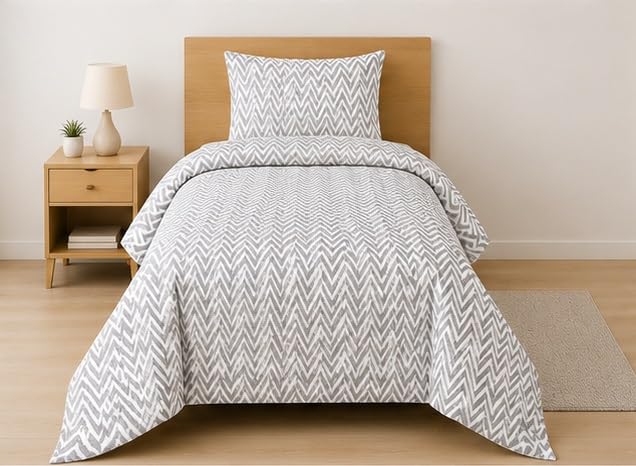 Image of 210 TC Glace Cotton Soft Cotton Zig Zag Design Flat Queen Size 60x90 inches Bedsheet Set - Lightweight & Durable 1 Bed Sheet with 1 Pillowcase 17x27 inches Grey