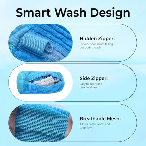 2PCS Shoe Washing Machine Bag with Pair of Shoe Tree and 4 Deodorizer Balls, Durable Zipper Reusable Shoe Washing Bag with 20000+ Fluffy Fiber Lining For 360° Cleaning for Sneakers (Blue)3
