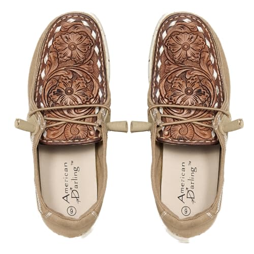 American Darling ADFT133BR4 Hand tooled, carved genuine leather trim lightweight shoe footwear| Tooled Footwear