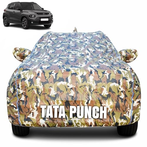 Image of 100% Waterproof Car Body Cover for Tata Punch (2021-2025) with Mirror Pocket (Heat & UV Resistant, Triple Stitched, Soft Lining, Bottom Elastic & Piping) Camouflage, Military Print
