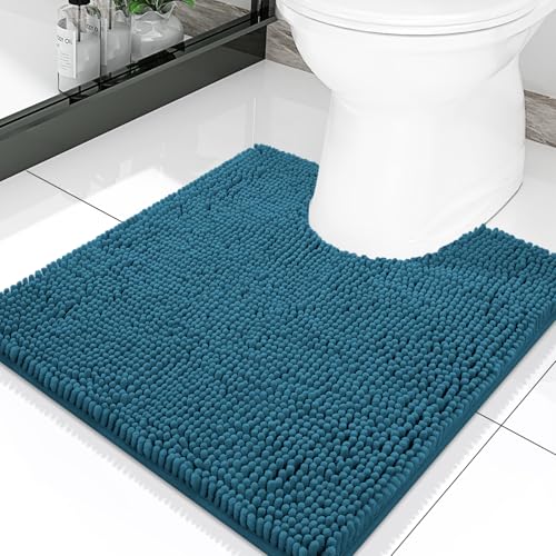 Smiry Luxury Chenille Toilet Rugs U-Shaped 20x20, Soft Absorbent Non-Slip Contour Bathroom Rugs for Toilet, Machine Washable Contoured Bath Mats, Peacock Blue