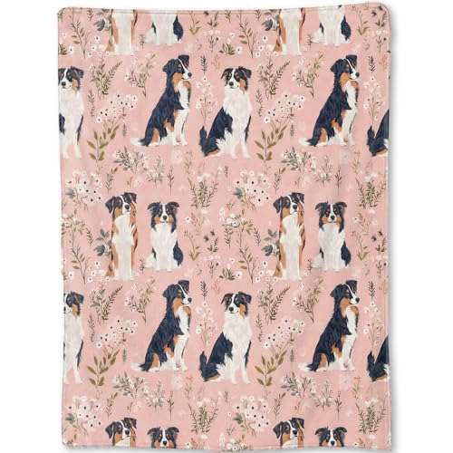 ainori Australian Shepherd Blanket - Cute Dog and Floral Pink Fleece Throw,Gifts for Kids Girls Women, Soft & Warm,Lightweight, for Charming Modern Decor, Dog Lovers, and Room Home Accents 50x60in