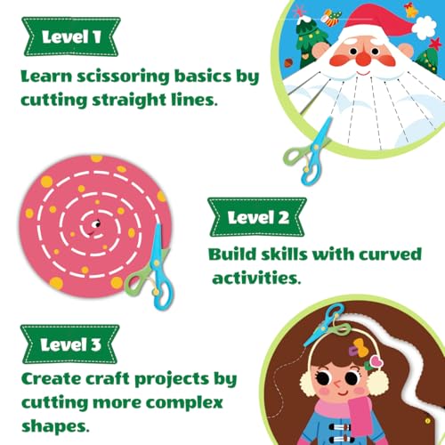 Toddler Scissor Skills Activity Book, Fun Arts and Crafts for Kids 4-6, Preschool Learning Toys Fine Motor Skill Cutting Art kit, 2 Safety Scissors, Birthday Gifts for Girls & Boys Ages 3, 4, 5, 6, 7