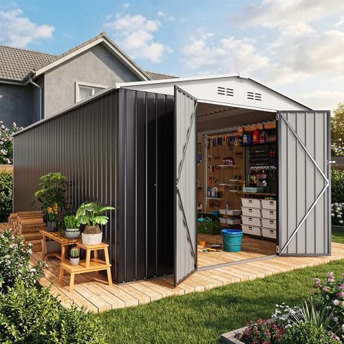 Image of AirWire 10x16 FT Outdoor Metal Storage Shed, Heavy-Duty Galvanized Steel Tool Shed with Lockable Doors, Waterproof Garden Shed for Backyard, Patio, Lawn, White
