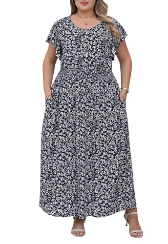Image of Nemidor Womens Plus Size Boho Ditsy Floral Print Casual Smocked Flared Maxi Long Dress with Pocket