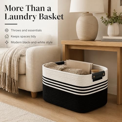 Image of Cotton Rope Laundry Basket Extra Large, 22.8GAL Collapsible Woven Storage Baskets for Living Room Kids Toys Stuffed Animal,Boho Rectangular Decorative Hamper for Dirty Clothes, Blankets White Black