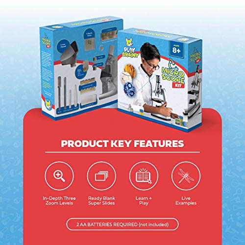 Play Brainy Kids Microscope Kit, 33-Pc. Set, Specimen and Blank Slides, Live Shrimp Hatchery, Projector, Tools and Accessories, Early Learning STEM Science, 50x-1200x Zoom