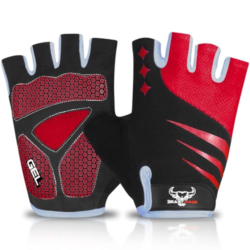 BEAST RAGE Guantes de Ciclismo de Medio Dedo para Hombres y Mujeres, Acolchados de Gel, Antideslizantes, absorción de Golpes, Guante de Gimnasio, Guantes de Bicicleta de montaña (Red, L)