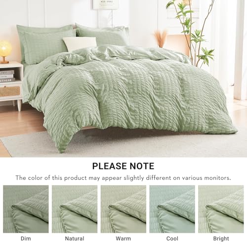 Image of HYMOKEGE Light Green King Size Comforter Set Seersucker 7 Pieces, All Season Luxury Bed in a Bag for Bedroom, Bedding Set with Comforters, Sheets, Pillowcases & Shams