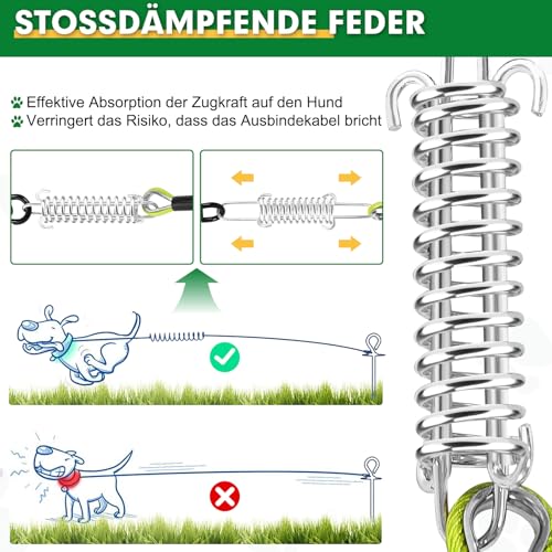 Hofleine Für Hunde, 9m Hofleine Tie Out Leinen, Tie Out Cables Für Hunde mit Schraubverschluss, Hofleine Tie Out Leinen mit Stoßdämpfender Feder bis 1000LBS, Hofleine Leine Bissfest Für Camping