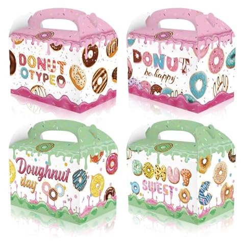 RIGHTA TECH 12 Packs Donut Treat Gift Boxes Two Sweet Birthday Party Gift Box Doughnut Candy Goodie Cardboard Boxes with Handles for Snacks, Donut Birthday Party Supplies Favors Cover