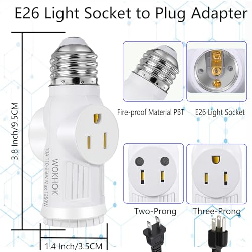 light socket to plug adapterconvert e26 light socket to 23 prong outlet adapter and light bulb socketlight bulb plug adapter for garage porch2 packwhite