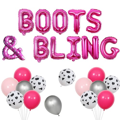 Wonmelody Boots and Bling Party Decoration Western Bachelorette Balloons with Cow Print Latex Balloons Disco Cowgirl Birthday Decorations for Women Nashville Rustic Rodeo or Country Theme Party Décor