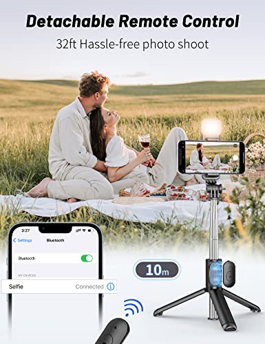 Image of Selfie Stick Tripod with Light, 3-in-1 Multifunctional Design, Rechargeable LED Light with Two Brightness Levels with Bluetooth Remote for Makeup Selfie & vlogging