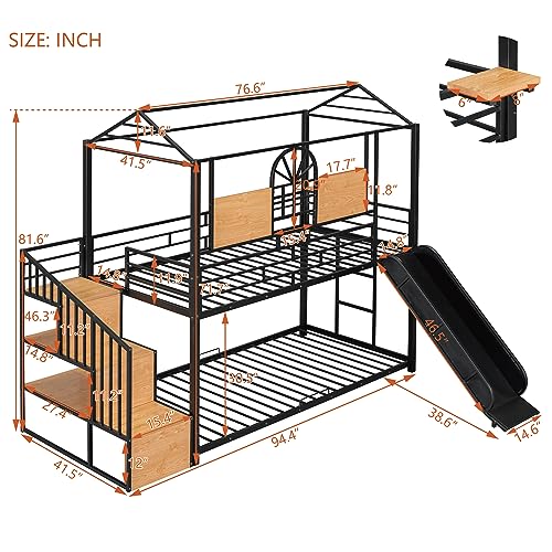 KIVENJAJA House Bunk Bed Twin Over Twin, Metal Bunkbeds Frame with Slide, Stairs and Guardrails for Kids Teens Girls Boys Toddlers, No Box Spring Needed, Black - Thumbnail 2