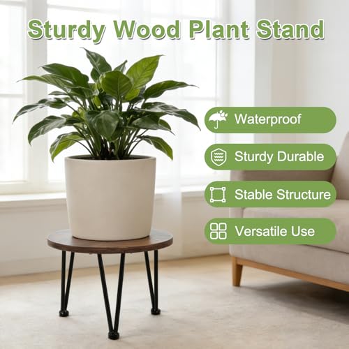 Image of Vigordream Metal Plant Stand Indoor, Heavy Duty Wood Single Planter Holder | Round Flower Pot Stands, Low Plant Table, Mid Century Modern Corner Planter Riser, Decorations for Home, Patio, Garden
