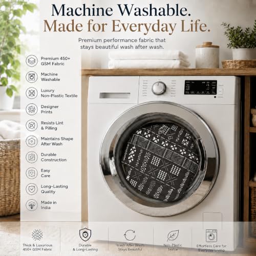 Image of WWW.THROWPILLOW.IN Fridge Top Cover for Double Door 250-400L | Medium Size Dustproof Refrigerator Cover | Corner Tassels with Pockets | Black Tribal Print |