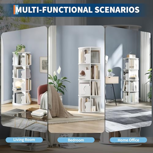 GarveeHome 4 Tier Rotating Bookshelf Tower, Spinning Corner Bookshelf for Small Spaces, Revolving 360° Bookcase Storage Rack Tower, Vertical Rotate Turning Spiral Wood Book Shelf Organizer, White