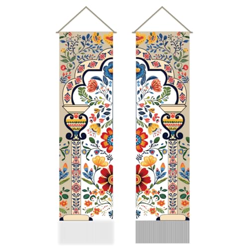 AHANDMAKER 2Pcs Boho Flower Mandala Indian Vertical Tapestry, Boho Floral Art Wall Hanging with Tassel for Living Room, Entry (45.7x13 Inch)