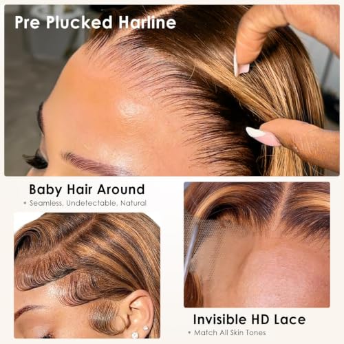 Image of Pizazz Ombre Highlight 13x4 HD Lace Front Wigs Human Hair Pre Plucked | 180 Density Glueless Body Wave Wigs Human Hair Pre Bleached Knots 4 /27 Honey Blonde Lace Frontal Wigs 30 Inch