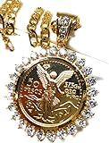 Fran & Co. Gold Plated Coin Centenario Mexicano Moneda 50 Pesos Pendant Chain CZ Oro Cadena 26”