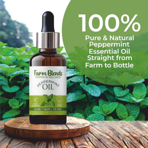 Image of Farm Blends Peppermint Essential Oil 100% Undiluted Pure | Headache Relief, Anti Acne, Anti Dandruff, Relaxes Muscle, Cough Relief, Keeps Rats Away | Farm To Home | Natural | Mentha piperita|15ML + 15ML (Pack of 2)