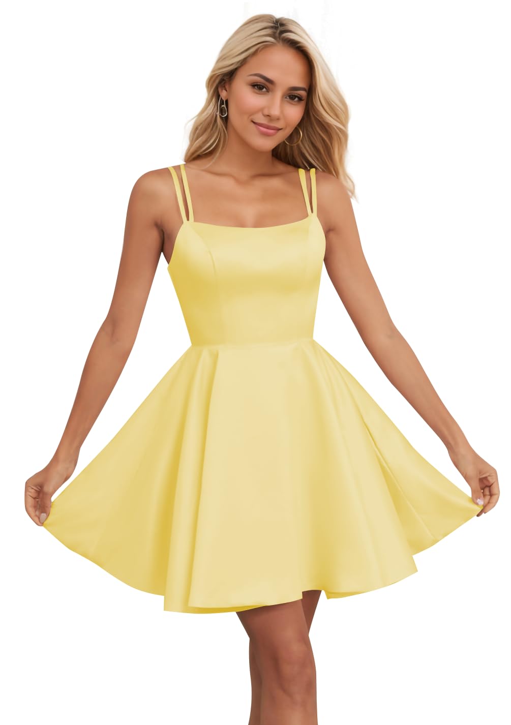 Lvloet Satin Homecoming Dresses 2026 Spaghetti Straps Backless A Line Short Prom Dress for Teens with Pockets