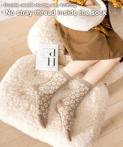 IIG 3-5 Pairs Womens Vintage Cozy Crew Socks Soft Cute Neutral Cotton Socks Exquisite Patterns Socks Gift4