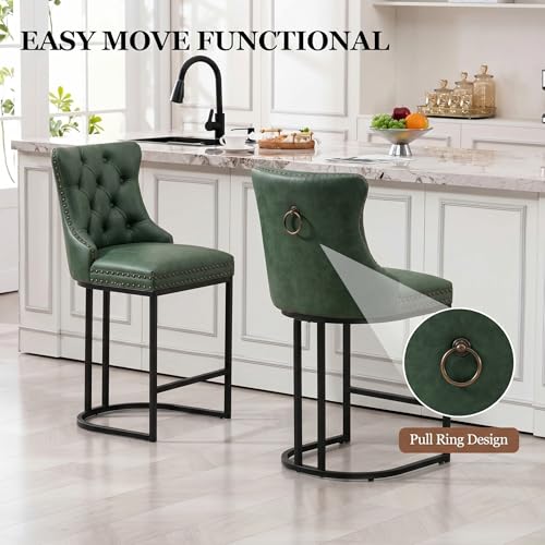 Image of UVV Counter Height Bar Stools Set of 3, 26 inch Modern Barstools with Back, Faux Leather Upholstery Counter Chairs with Metal Legs for Kitchen Island, Bar, Counter, Green
