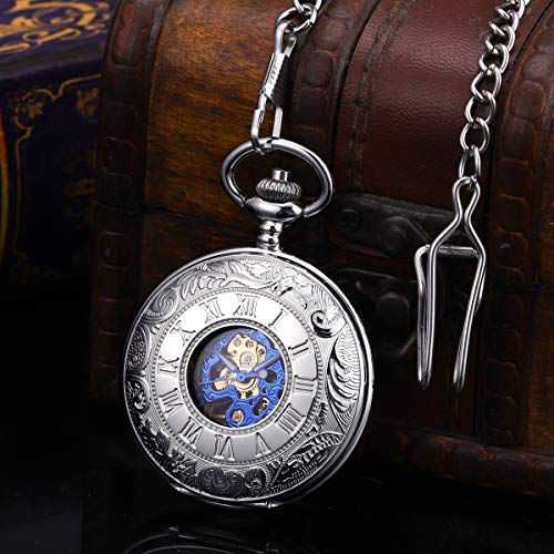 Image of ManChDa Mechanical Roman Numerals Dial Skeleton Pocket Watches with Luxury Wooden Box and Chains for Mens Women