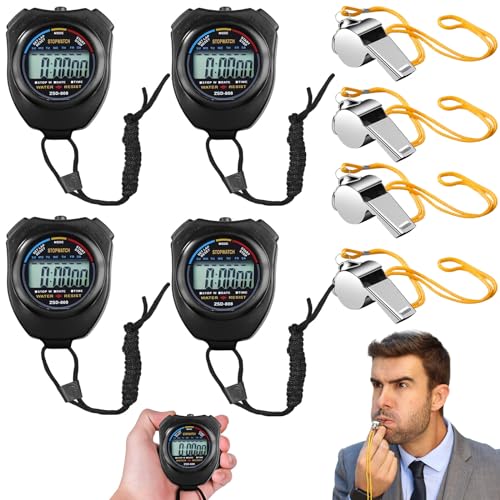 Pack de 4 chronomètres Sportifs numériques: chronomètre numérique avec sifflet en Acier Inoxydable,chronographe Portable avec Grand écran,chronomètres,chronomètre Sportif numérique pour arbitres
