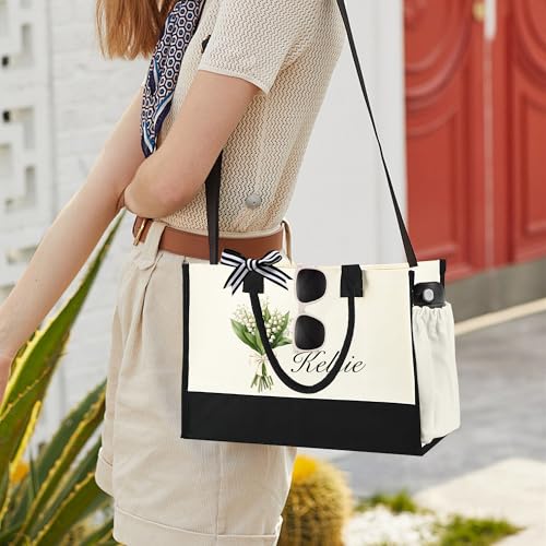 Personalized Initial Canvas Beach Tote with Zipper, Monogrammed floral bag for Women, Beach Bag, Makeup Pouch2