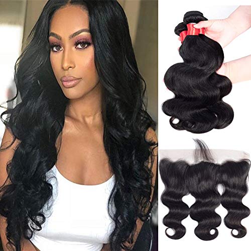 Body Wave Bundles with 13×4 Lace Frontal 100%Unprocessed 8A Brazilian Virgin Hair Body Wave Human Hair Double Weft with Lace Frontal (18"20"22"With 16",Natural Black)