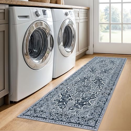 KUTA Vintage Washable Runner Rug, 2x6 Navy Blue Runners for Hallways Non-Slip Kitchen Rugs Ultra Soft Printed Distressed Floral Carpet for Laundry Bedroom Living Room Nursery
