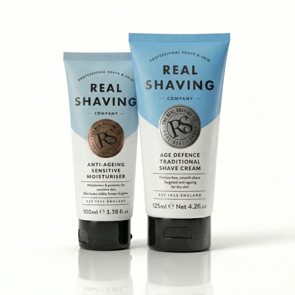 RSC Mens Skincare Set - Anti Ageing Moisturiser with Q10 & Shaving Cream with Vitamin E - Face Cream for Men Dry Skin - Anti Wrinkle Moisturizer & Shave Cream - Sensitive Skin 125ml + 100ml