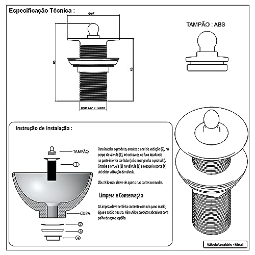 Válvula Lavatório Pia Banheiro Ralo Cuba Metal Cromado 7/8 Polo Metais