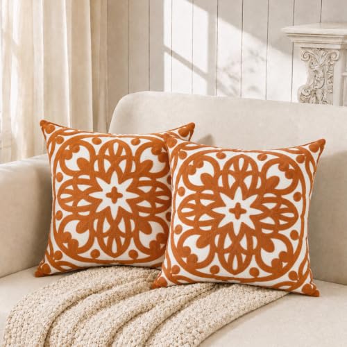 Alysheer Boho Embroidered Throw Pillow Cover 18"x18" Set of 2, Burnt Orange