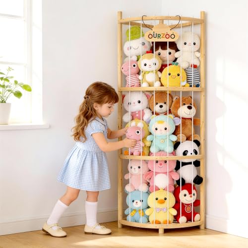 Wooden Corner Stuffed Animal Storage Organizer Tower with Stability Strap Space-Saving 1/4 Circular Plushie Zoo Cage for Toddler Bedrooms Playrooms & Living Rooms Toy Organizer and Storage Solution