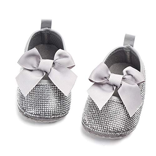 Baby Girls Mary Jane Flats Sparkly Bow Diamonds Princess Dress Shoes Anti-Slip Infant Crib Shoes (6-12 Months Toddler, Grey) #TOP3